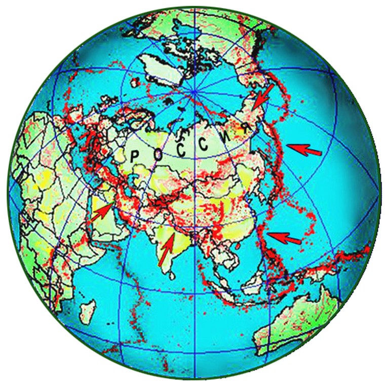 Территория России в системе сейсмических регионов Восточного полушария Земли